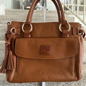 Dooney & Bourke Tan Pebble Leather Satchel with Tassel with callout